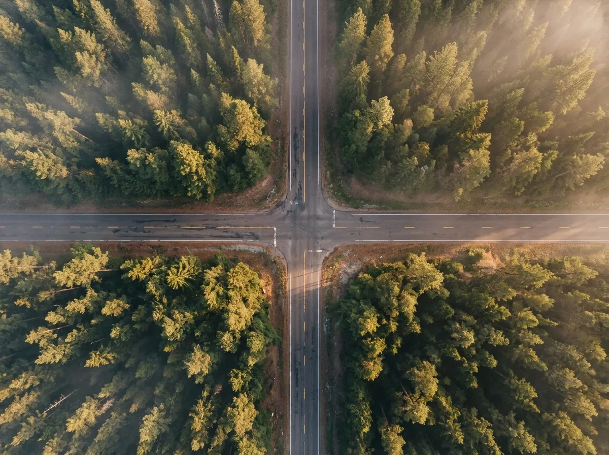 Aerial view of two country highways crossing among tall pines at dawn