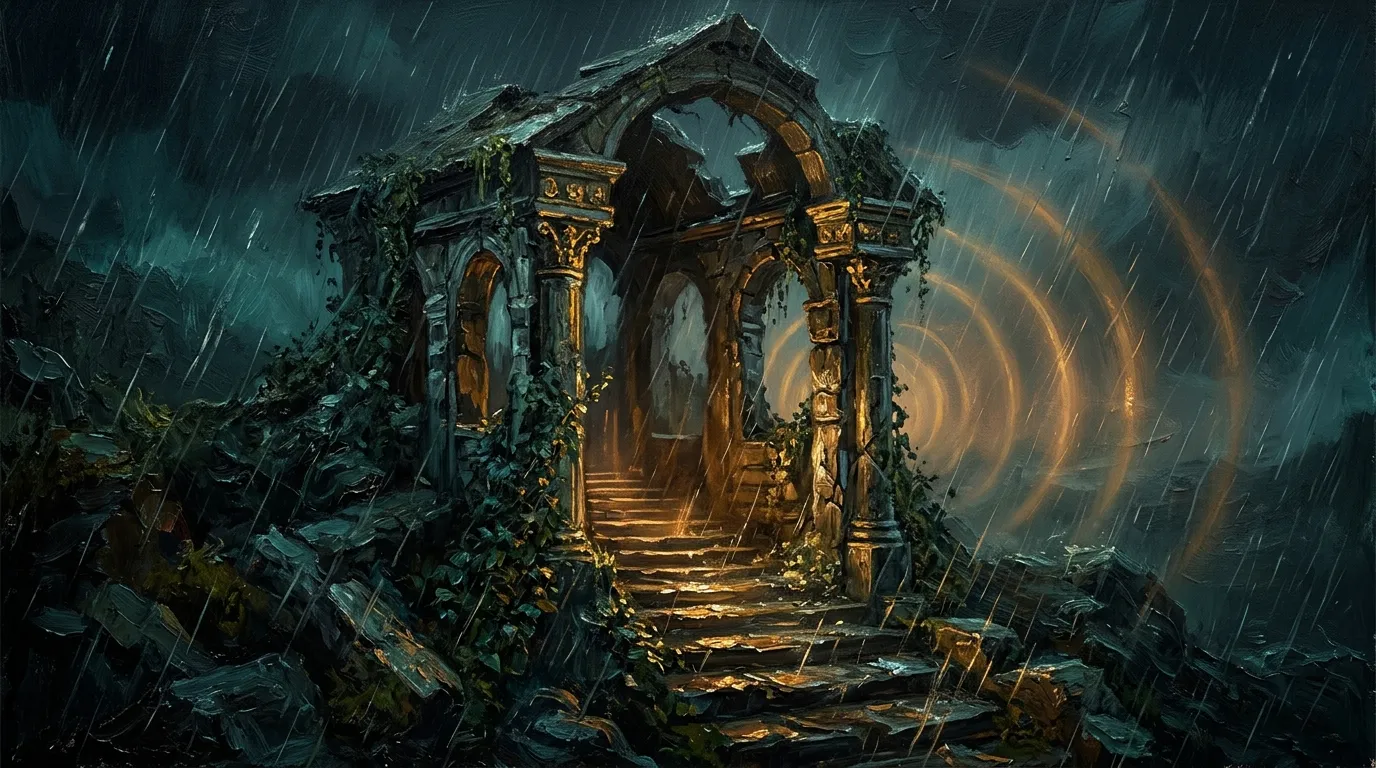 The ruined shrine of Rookfall at night, light rising from steps beneath it