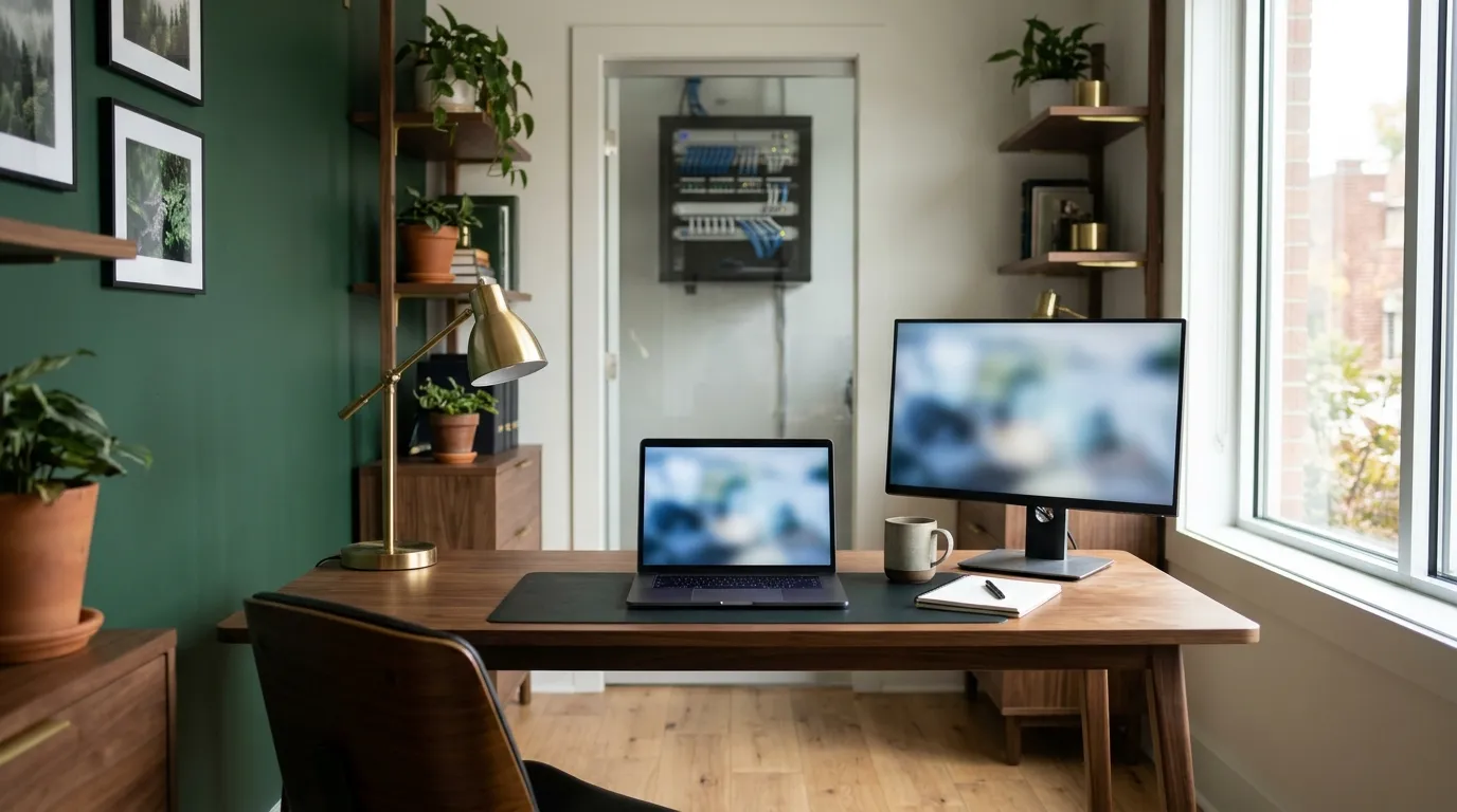 A quiet, well-organized small business office with a network closet in the background